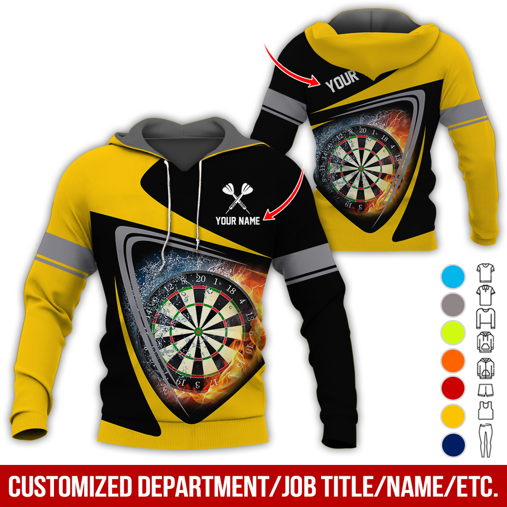Customized Name & Text Darts Premium Hoodie, Fire & Water Dartboards Pattern Hoodie, Perfect Gift For Darts Lovers, Darts Player