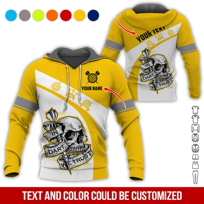 Personalized Darts Skull Premium Hoodie, Customized Name & Text Darts In Darts We Trust Hoodie, Perfect Gift For Darts Lovers, Friend, Family