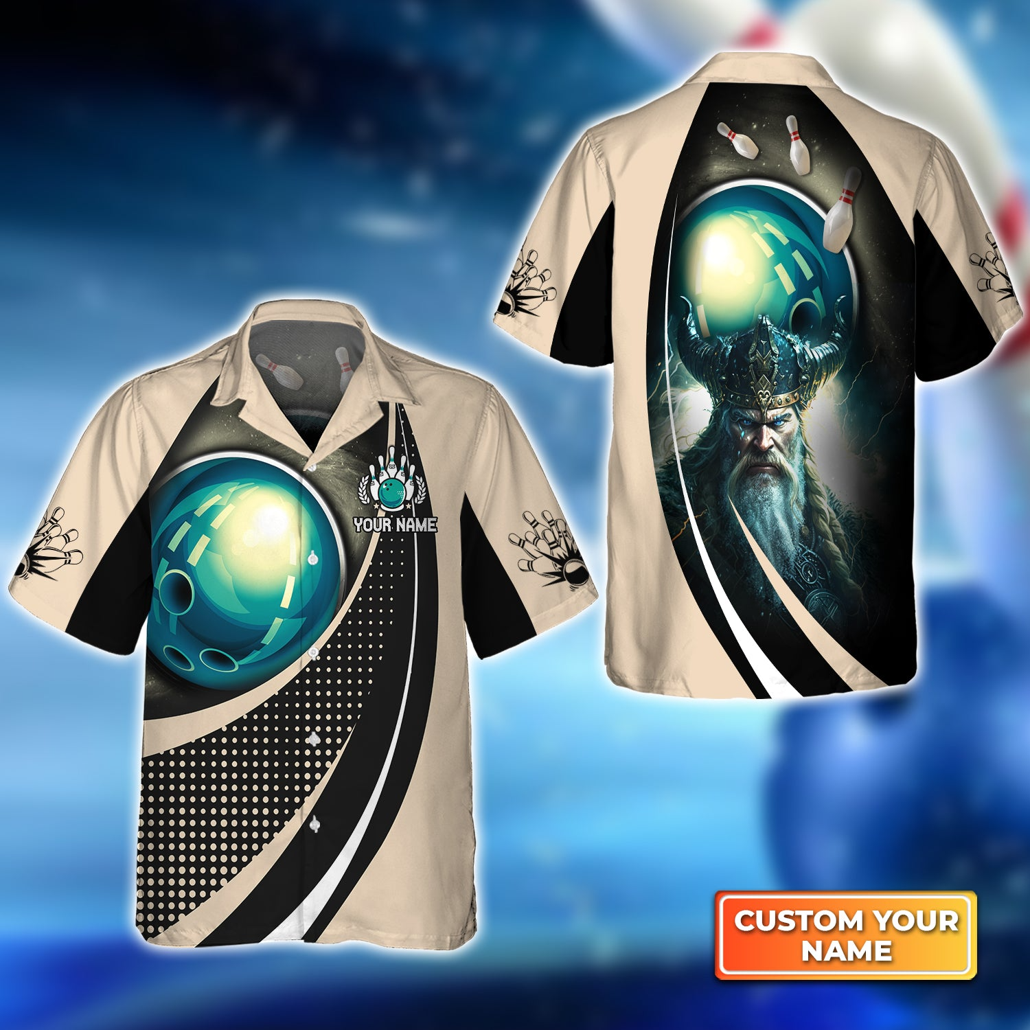 Personalized Bowling Hawaiian Shirts - Custom Name Viking Eagle Bowling Team Blue Bowling Ball Hawaiian Shirts For Bowling Lovers