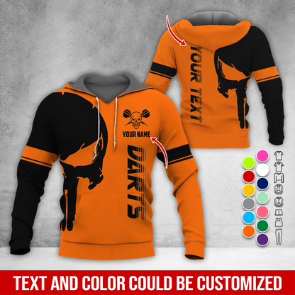 Customized Name & Text Darts Skull Premium Hoodie, Skull & Darts Pattern Hoodie, Perfect Gift For Darts Lovers, Friend, Family
