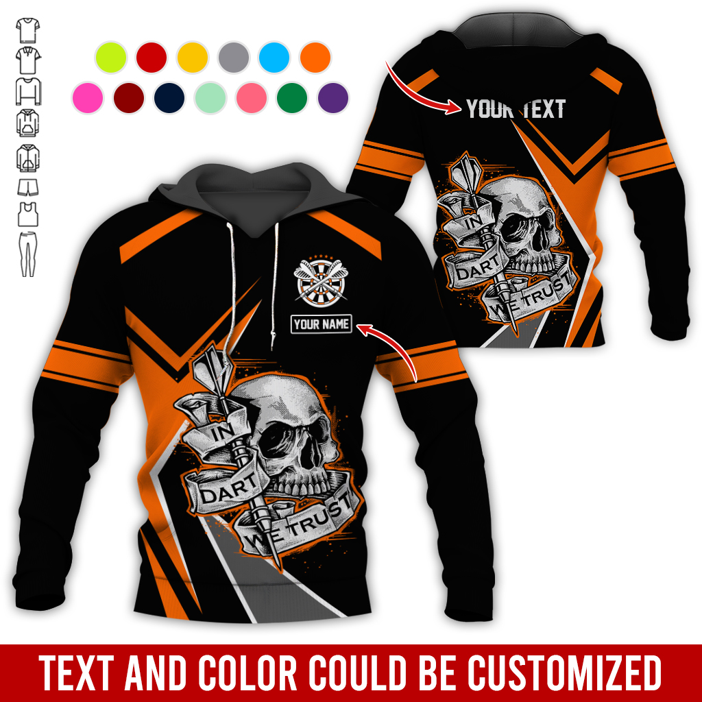 Customized Name & Text Darts Skull Premium Hoodie, In Darts We Trust Skull Pattern Colorful Hoodie, Perfect Gift For Darts Lovers, Friend, Family