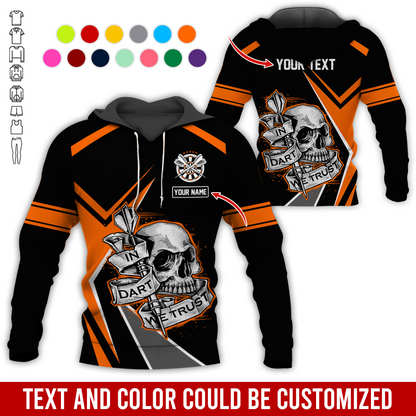 Customized Name & Text Darts Skull Premium Hoodie, In Darts We Trust Skull Pattern Colorful Hoodie, Perfect Gift For Darts Lovers, Friend, Family