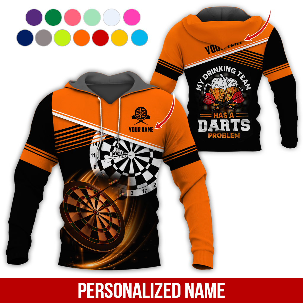 Customized Name & Text Darts Skull Premium Hoodie, My Drinking Team Has Darts Problem Hoodie, Perfect Gift For Darts Lovers, Darts Player