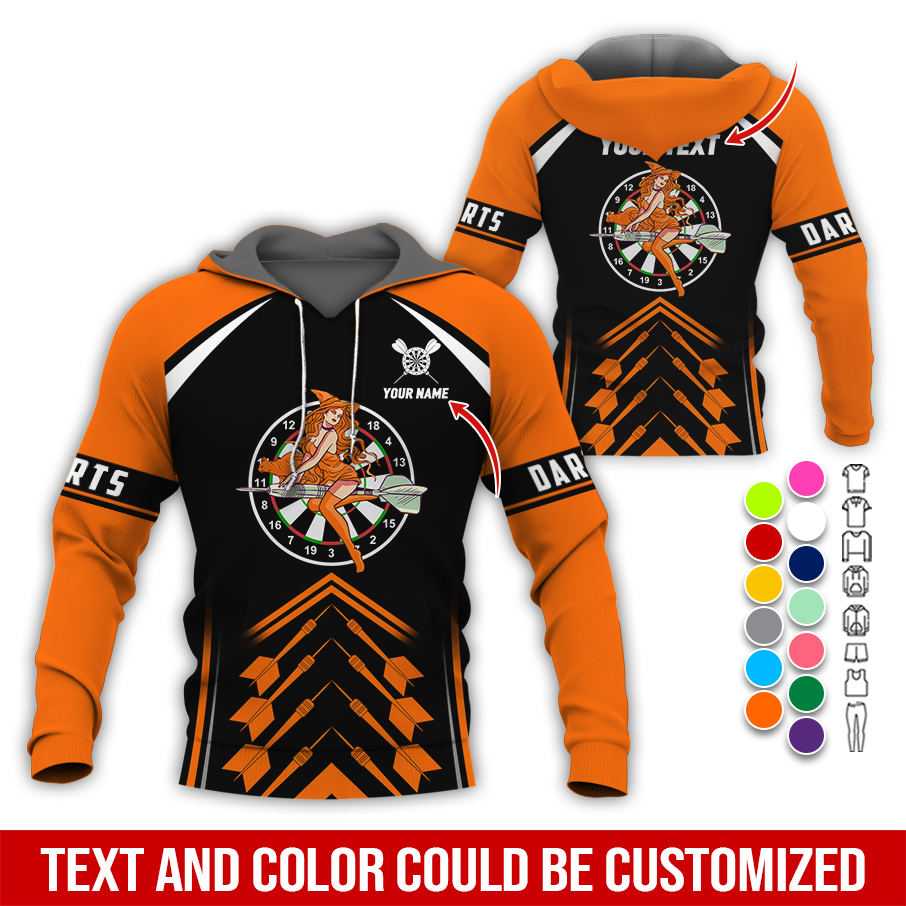 Personalized Name & Text Darts Premium Hoodie, Witch Riding Broom & Darts Hoodie, Perfect Gift For Darts Lovers, Friend, Family