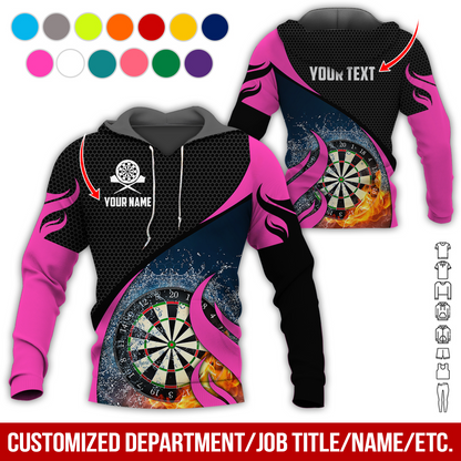Personalized Fire & Water Darts Premium Hoodie, Customized Name & Text Darts Hoodie, Honeycomb Pattern Hoodie, Perfect Gift For Darts Lovers, Darts Player