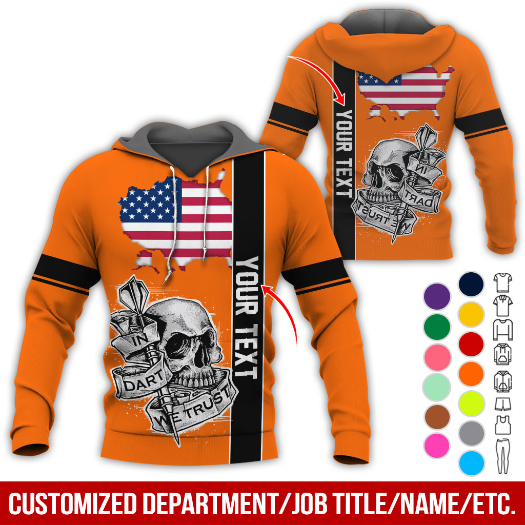 Customized Name & Text Darts Skull Premium Hoodie, In Darts We Trust Skull & American Map Pattern Hoodie, Perfect Gift For Darts Lovers, Friend, Family