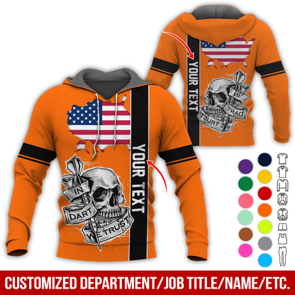 Customized Name & Text Darts Skull Premium Hoodie, In Darts We Trust Skull & American Map Pattern Hoodie, Perfect Gift For Darts Lovers, Friend, Family
