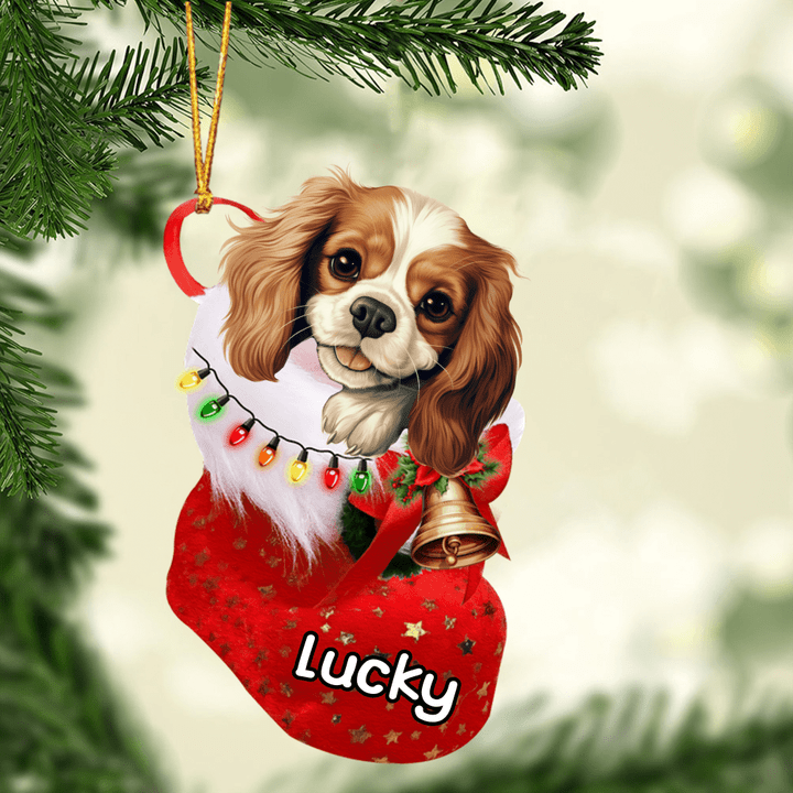 Custom Dog Acrylic Christmas Ornament, Personalized Cavalier King Charles Spaniel In Stocking Christmas Acrylic Ornament for Dog Lover