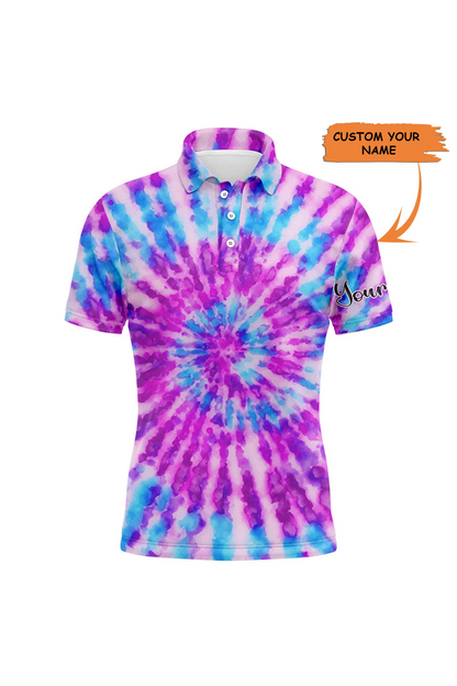 Custom Golf Long Sleeve Men Polo Shirt-Watercolor Purple Tie Dye Pattern Custom Name Apparel Men Golf Polo Shirt- Personalized Gift For Men,Golf Lover