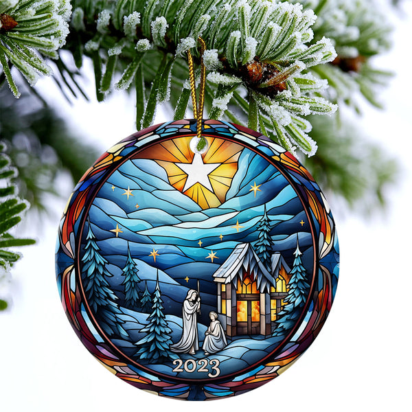 Jesus Ceramic Christmas Ornament - Jesus Nativity Stained Glass Circle Ceramic Ornament, Perfect Gift For Christian, God Faith Believers