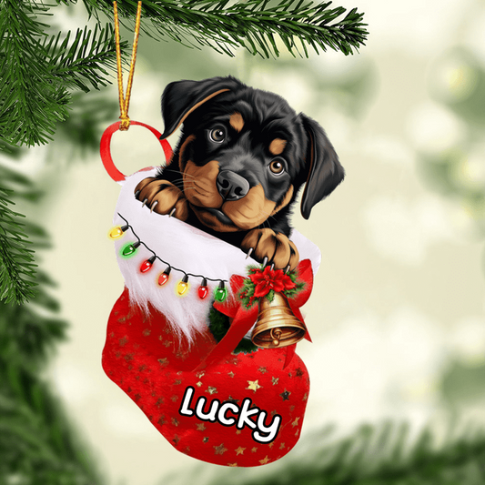 Custom Dog Acrylic Christmas Ornament, Personalized Baby Rottweiler In Stocking Christmas Acrylic Ornament for Dog Lover, New Year