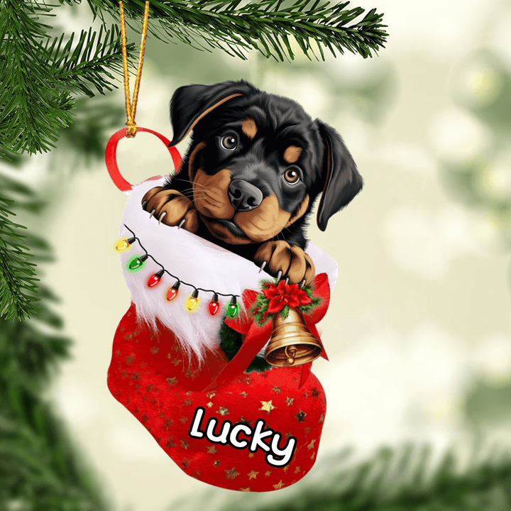 Custom Dog Acrylic Christmas Ornament, Personalized Baby Rottweiler In Stocking Christmas Acrylic Ornament for Dog Lover, New Year