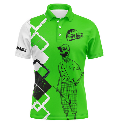 Custom Golf Long Sleeve Men Polo Shirt - Custom Name Skull Apparel - Your Hole Is My Goal Men Polo Shirt - Perfect Polo Shirt For Men, Golfers