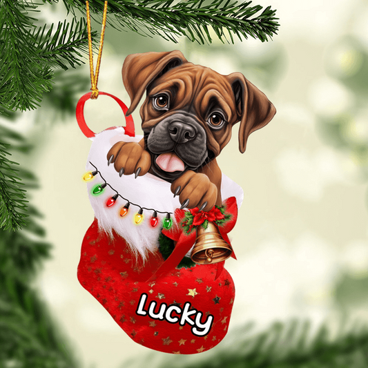 Custom Dog Acrylic Christmas Ornament, Personalized Boxer In Stocking Christmas Acrylic Ornament for Dog Lover, New Year