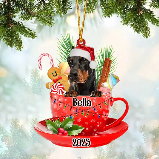 Custom Dog Acrylic Christmas Ornament, Personalized Awesome Doberman & Santa Hat In Red Cup Christmas Acrylic Ornament for Dog Lover