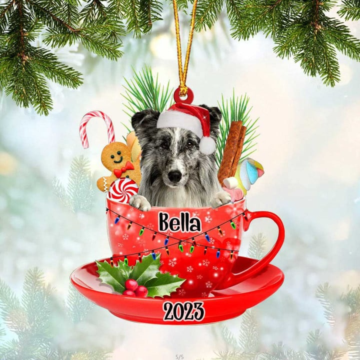 Custom Dog Acrylic Christmas Ornament, Personalized Shetland Sheepdog In Cup Merry Christmas Ornament, Dog Flat Ornament for Christmas Decor