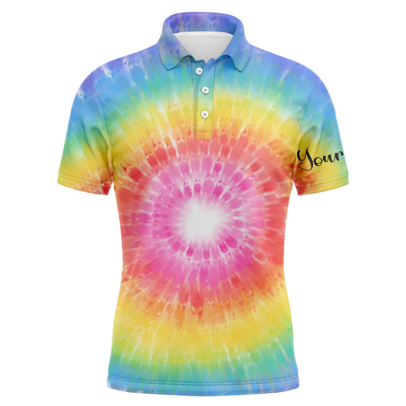 Golf Men Polo Shirt - Rainbow Coloured Tie Dye Painted Pattern Custom Name Apparel - Personalized Gift For Golf Lover, Team, Male Players, Golfer