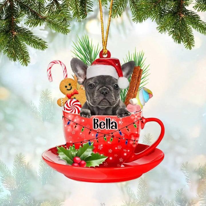 Custom Dog Acrylic Christmas Ornament, Personalized Grey French Bulldog & Santa Hat In Red Cup Acrylic Ornament for Dog Lover, Christmas, New Year