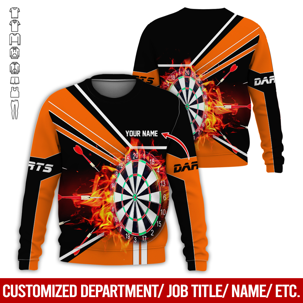 Customized Darts Sweatshirt, Personalized Name Darts Sweatshirt, Flaming Darts Pattern Sweatshirt, Perfect Gift For Darts Lovers, Darts Player