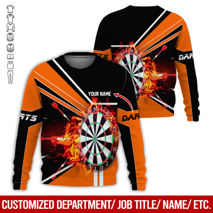 Customized Darts Sweatshirt, Personalized Name Darts Sweatshirt, Flaming Darts Pattern Sweatshirt, Perfect Gift For Darts Lovers, Darts Player