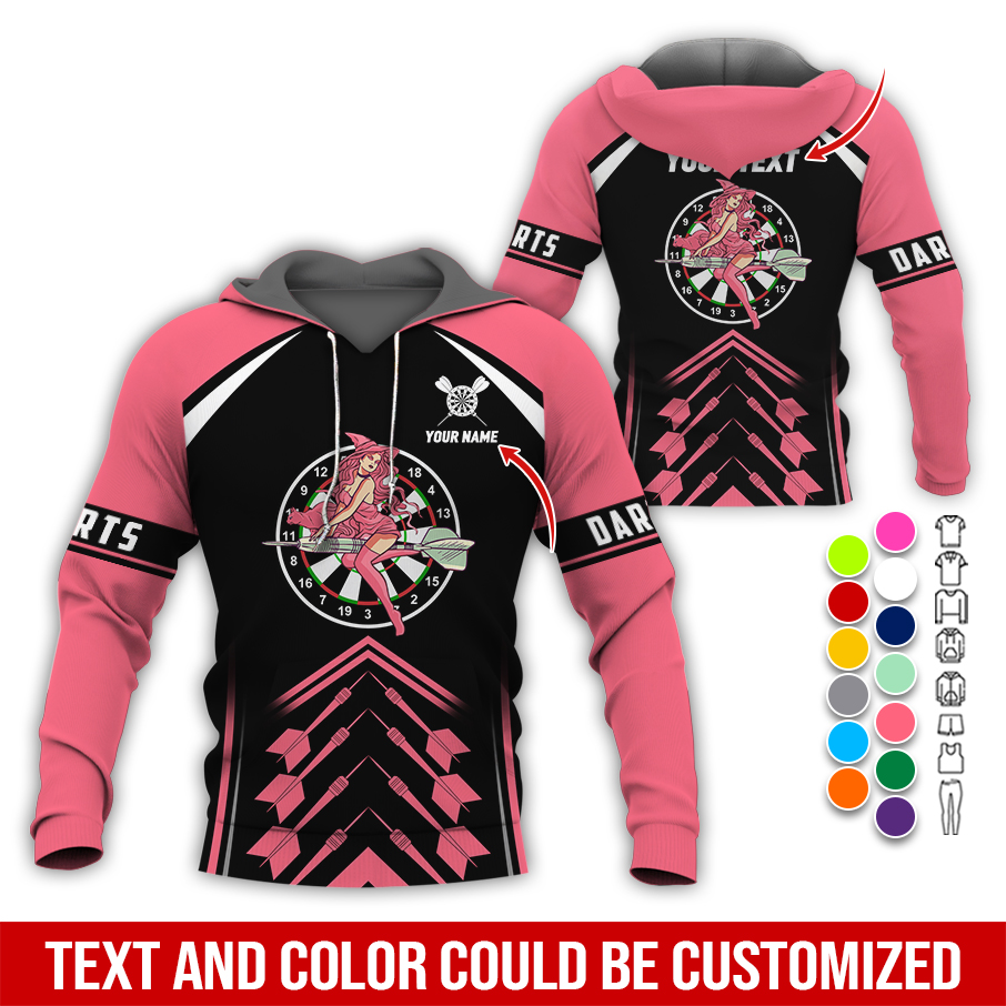 Personalized Name & Text Darts Premium Hoodie, Witch Riding Broom & Darts Hoodie, Perfect Gift For Darts Lovers, Friend, Family