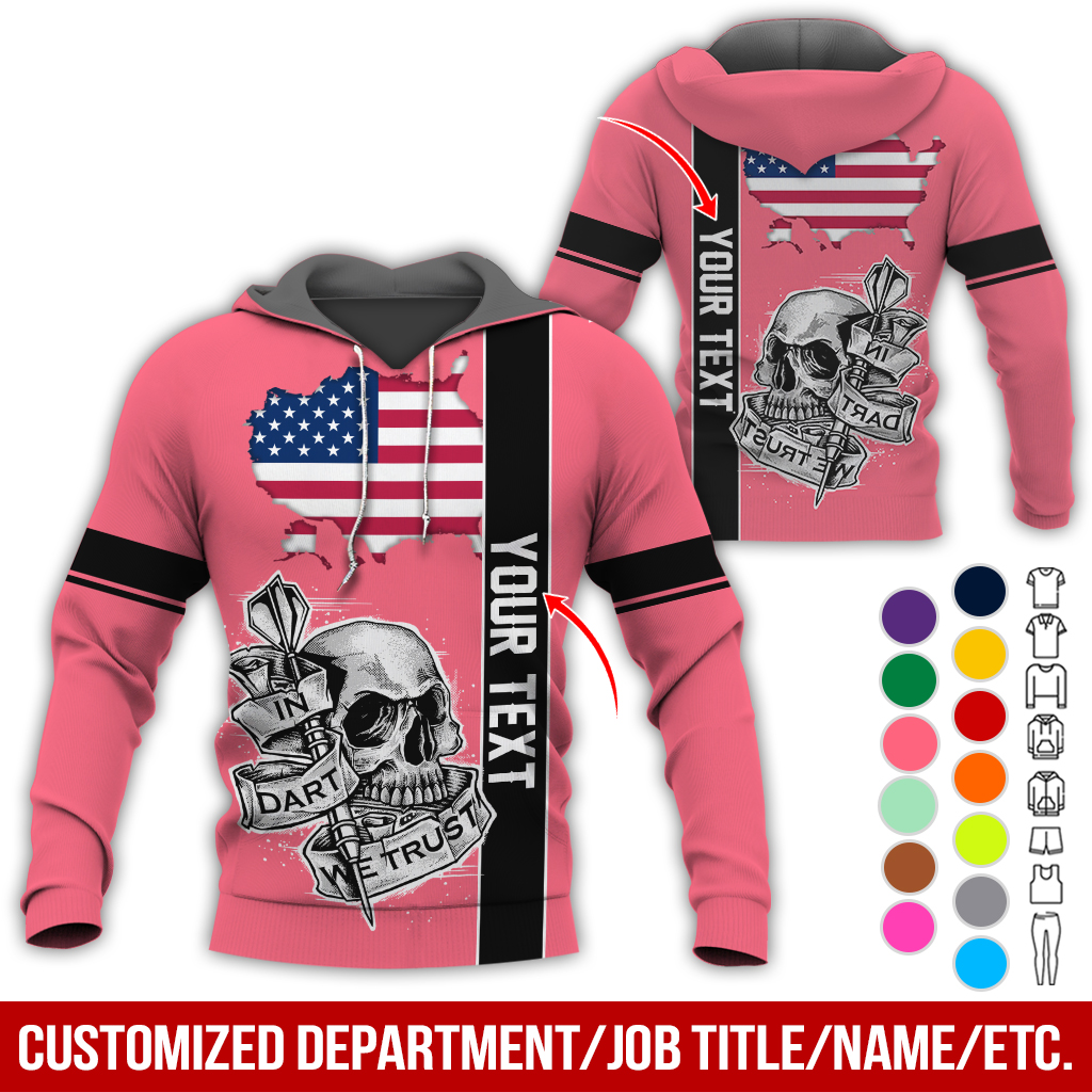 Customized Name & Text Darts Skull Premium Hoodie, In Darts We Trust Skull & American Map Pattern Hoodie, Perfect Gift For Darts Lovers, Friend, Family