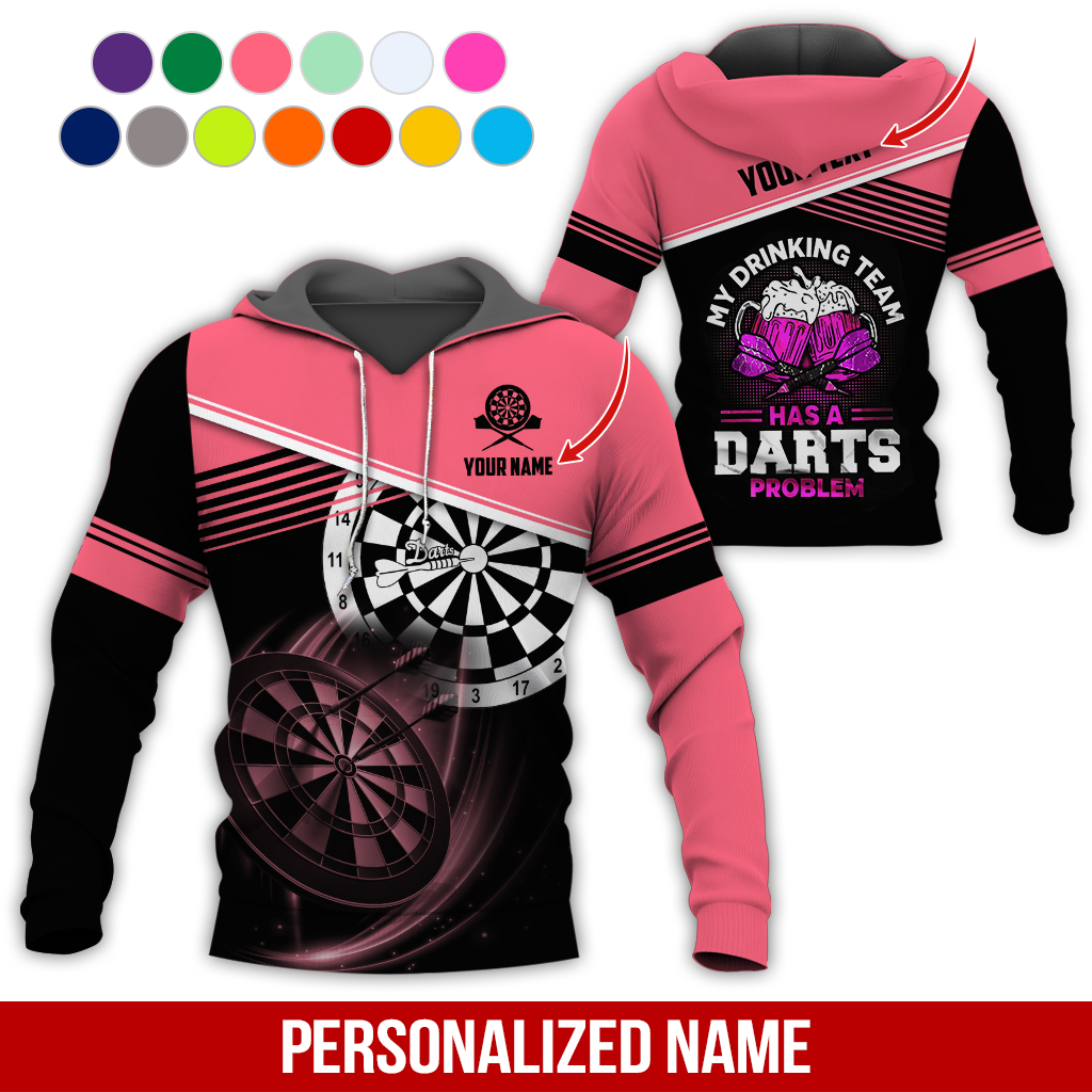 Customized Name & Text Darts Skull Premium Hoodie, My Drinking Team Has Darts Problem Hoodie, Perfect Gift For Darts Lovers, Darts Player