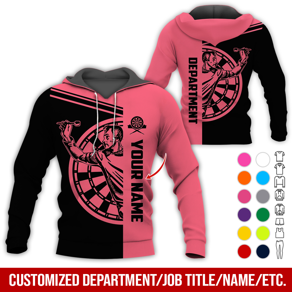 Customized Name & Department Darts Premium Hoodie, Man Playing Darts Pattern Black Hoodie, Perfect Gift For Darts Lovers, Friend, Family