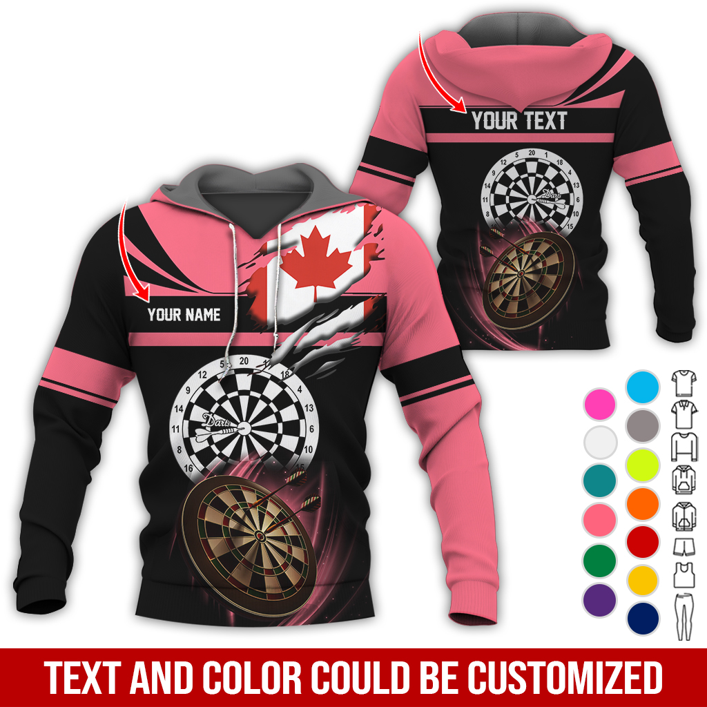 Customized Name & Text Darts Premium Hoodie, Canada Flag Pattern Darts Hoodie, Perfect Gift For Darts Lovers, Friend, Family