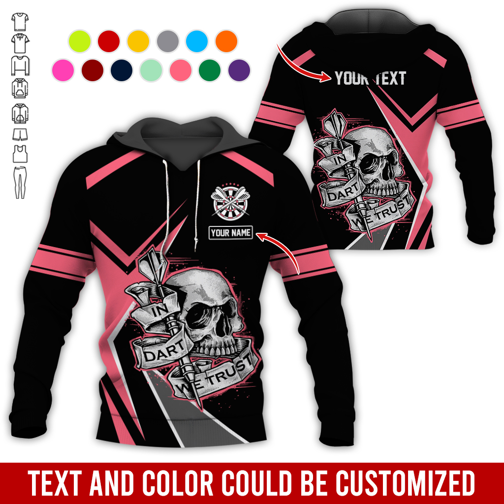 Customized Name & Text Darts Skull Premium Hoodie, In Darts We Trust Skull Pattern Colorful Hoodie, Perfect Gift For Darts Lovers, Friend, Family