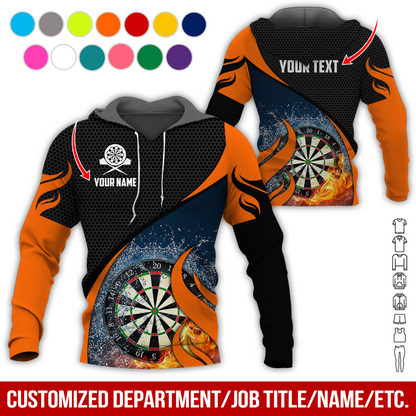 Personalized Fire & Water Darts Premium Hoodie, Customized Name & Text Darts Hoodie, Honeycomb Pattern Hoodie, Perfect Gift For Darts Lovers, Darts Player
