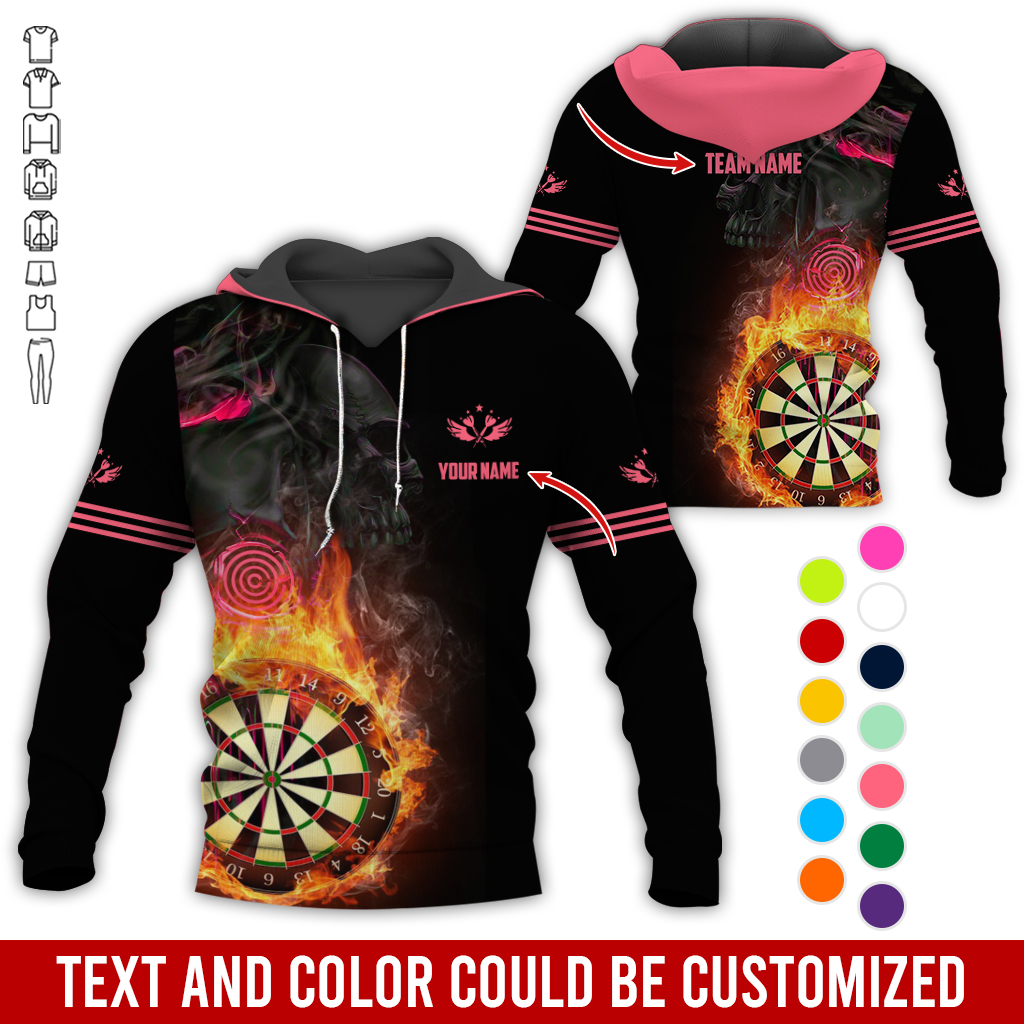 Customized Name & Text Darts SKull Premium Hoodie, Flaming Dartboards Pattern Hoodie For Men & Woman, Perfect Gift For Darts Lovers, Darts Player