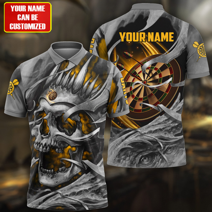 Customized Darts Men Polo Shirt, Personalized Name Multicolor Teal Skull Darts Polo Shirt For Men - Gift For Darts Players, Darts Lovers
