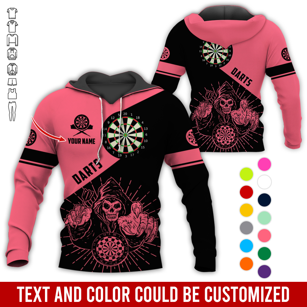 Customized Name Darts Skull Premium Hoodie, Skeleton Playing Darts Pattern Hoodie, Perfect Gift For Darts Lovers, Friend, Family