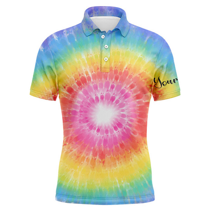 Custom Golf Long Sleeve Men Polo Shirt - Rainbow Coloured Tie Dye Painted Pattern Custom Name Apparel - Personalized Gift For Men, Golf Lover