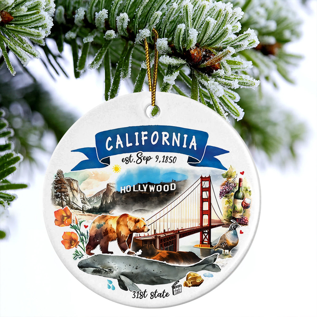 California State Ceramic Christmas Ornament - California State Themes And Landmarks Circle Ceramic Ornament, Perfect Gift For Christmas