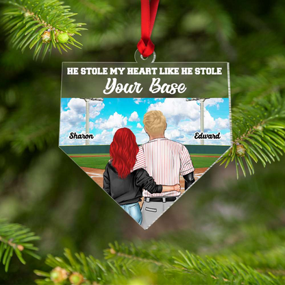 Custom Baseball Acrylic Ornament, Baseball He Stole My Heart Like He Stole Your Base Acrylic Ornament - Perfect Gift For Couple, Baseball Lover, Christmas, New Year