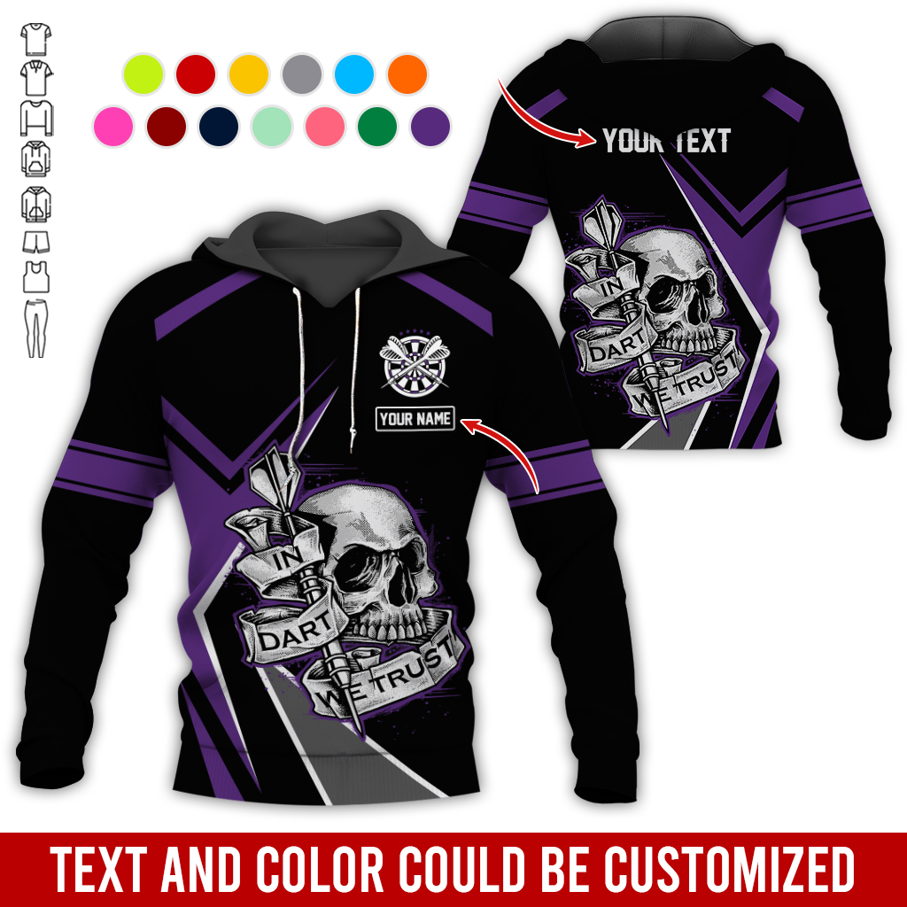 Customized Name & Text Darts Skull Premium Hoodie, In Darts We Trust Skull Pattern Colorful Hoodie, Perfect Gift For Darts Lovers, Friend, Family