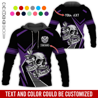 Customized Name & Text Darts Skull Premium Hoodie, In Darts We Trust Skull Pattern Colorful Hoodie, Perfect Gift For Darts Lovers, Friend, Family