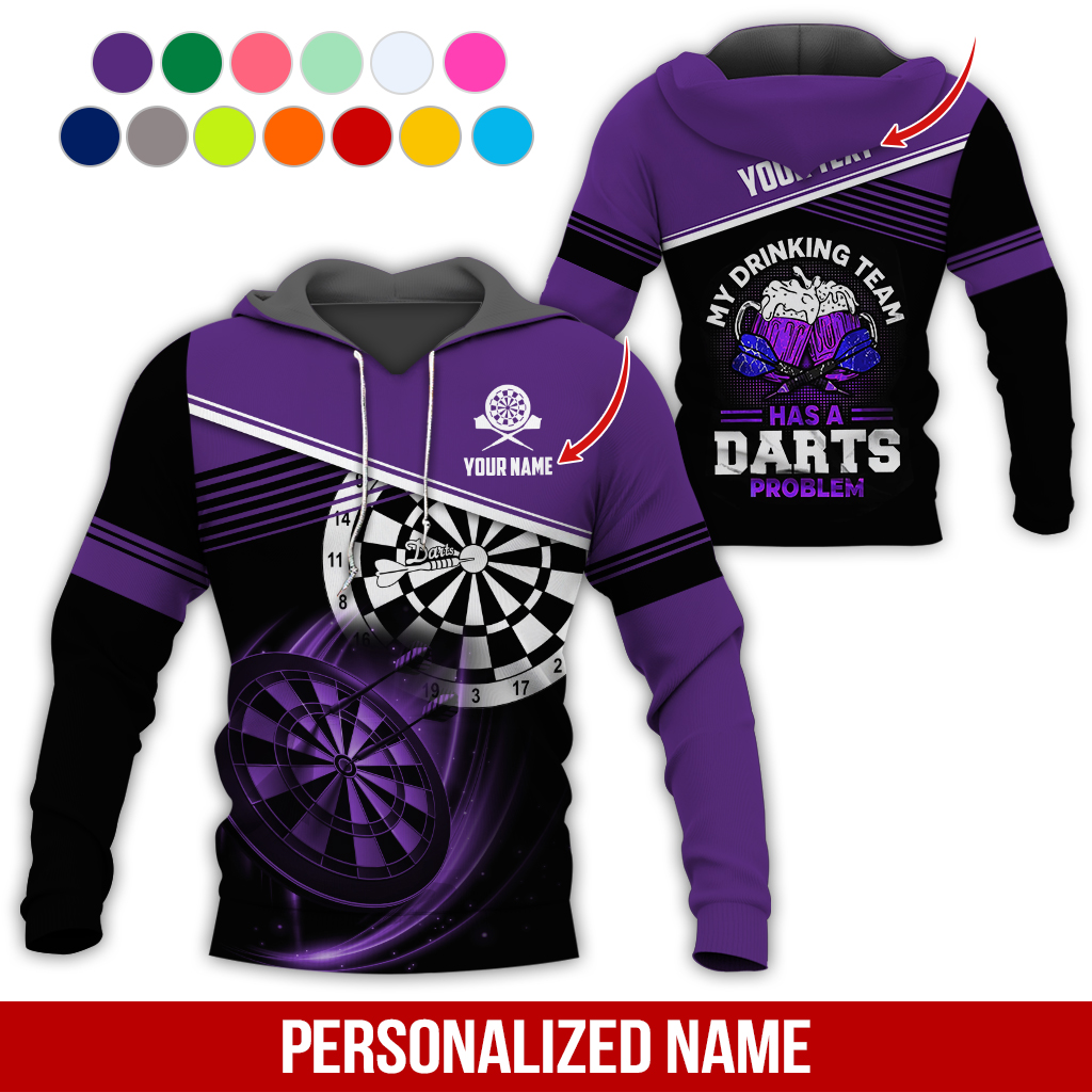 Customized Name & Text Darts Skull Premium Hoodie, My Drinking Team Has Darts Problem Hoodie, Perfect Gift For Darts Lovers, Darts Player