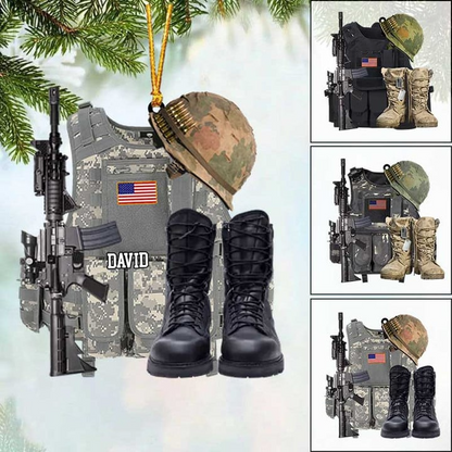 Custom Acrylic Christmas Ornament, Personalized Name Veteran Bullet Proof Vest And Boots Acrylic Ornament For Veteran, Christmas, New Year