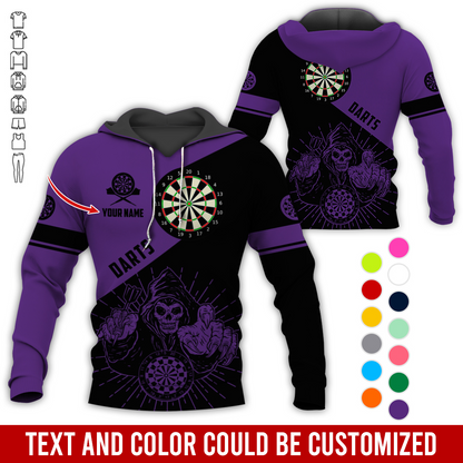 Customized Name Darts Skull Premium Hoodie, Skeleton Playing Darts Pattern Hoodie, Perfect Gift For Darts Lovers, Friend, Family