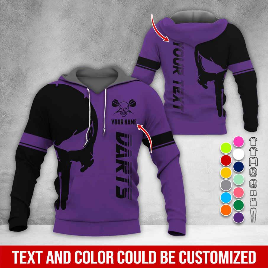 Customized Name & Text Darts Skull Premium Hoodie, Skull & Darts Pattern Hoodie, Perfect Gift For Darts Lovers, Friend, Family