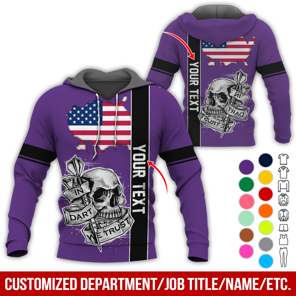 Customized Name & Text Darts Skull Premium Hoodie, In Darts We Trust Skull & American Map Pattern Hoodie, Perfect Gift For Darts Lovers, Friend, Family