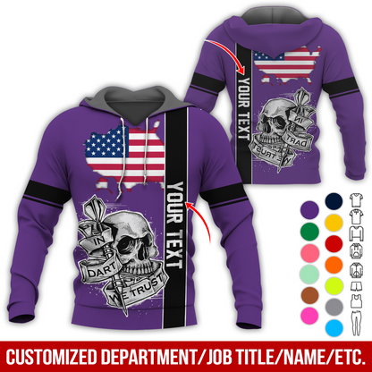 Customized Name & Text Darts Skull Premium Hoodie, In Darts We Trust Skull & American Map Pattern Hoodie, Perfect Gift For Darts Lovers, Friend, Family