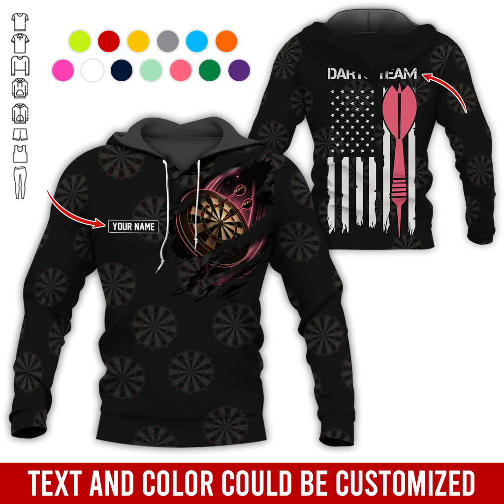 Customized Name & Team Name Darts Premium Hoodie, American Flag & Darts Pattern Black Hoodie, Perfect Gift For Darts Lovers, Friend, Family