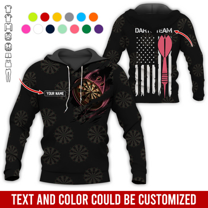 Customized Name & Team Name Darts Premium Hoodie, American Flag & Darts Pattern Black Hoodie, Perfect Gift For Darts Lovers, Friend, Family