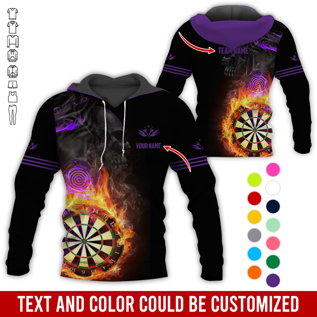 Customized Name & Text Darts SKull Premium Hoodie, Flaming Dartboards Pattern Hoodie For Men & Woman, Perfect Gift For Darts Lovers, Darts Player