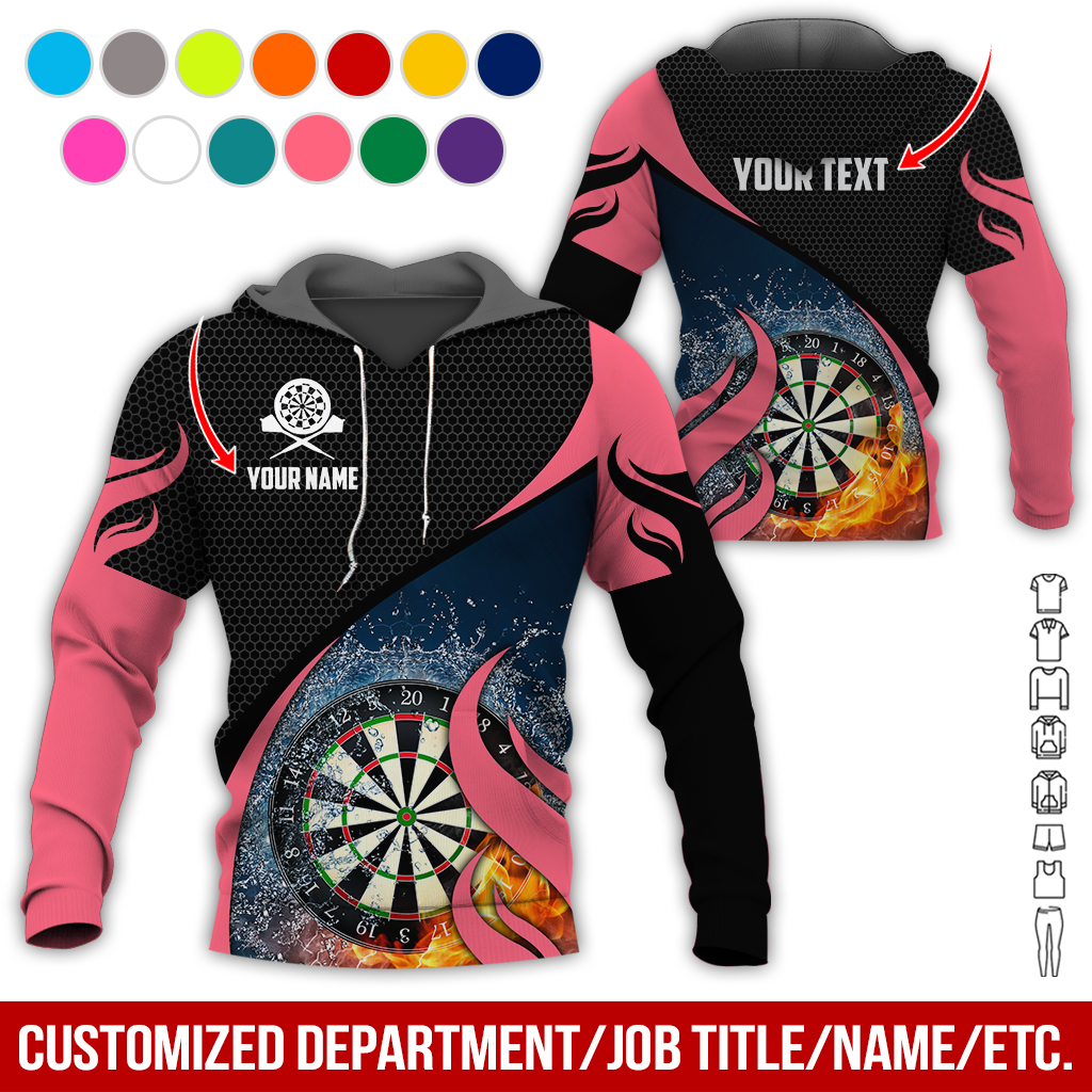 Personalized Fire & Water Darts Premium Hoodie, Customized Name & Text Darts Hoodie, Honeycomb Pattern Hoodie, Perfect Gift For Darts Lovers, Darts Player