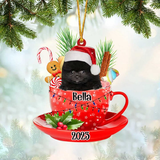 Custom Dog Acrylic Christmas Ornament, Personalized Black Pomeranian & Santa Hat In Red Cup Acrylic Ornament for Dog Lover,Christmas